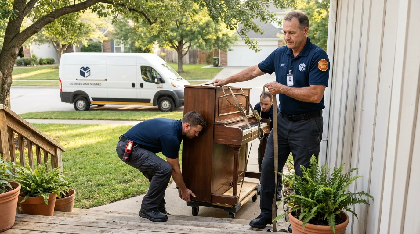 Licensed piano movers securing grand piano in Century, FL