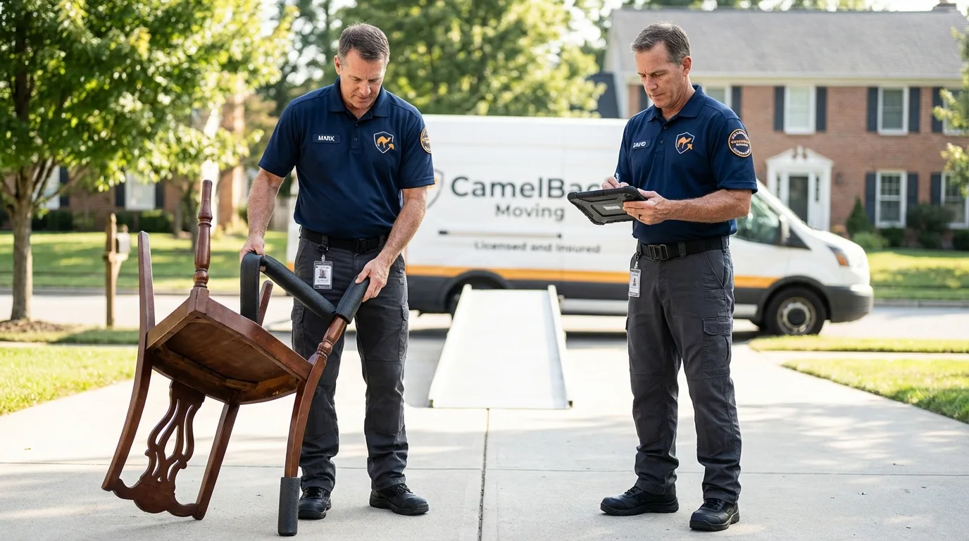 Movers inspecting furniture for damage prevention before loading in Century, FL