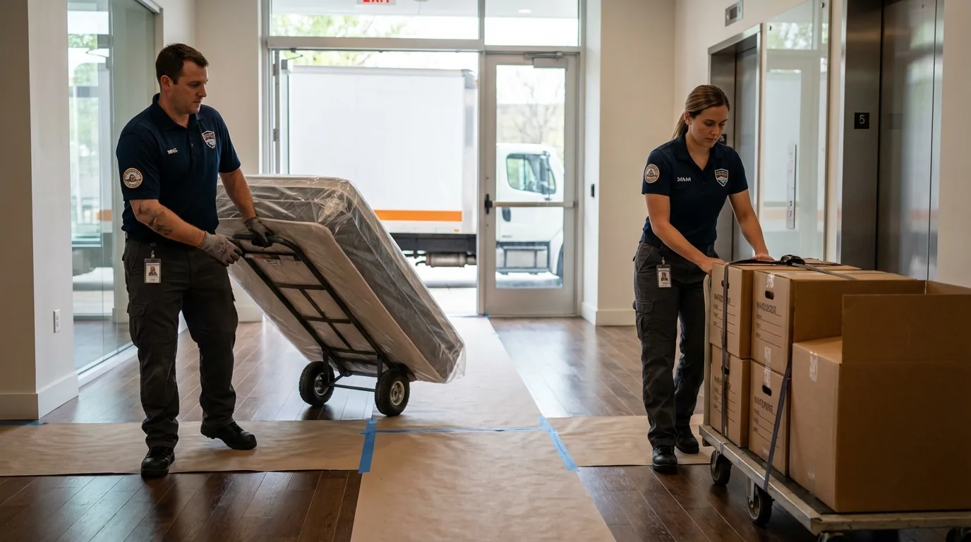 Professional apartment movers loading elevator in Century, FL